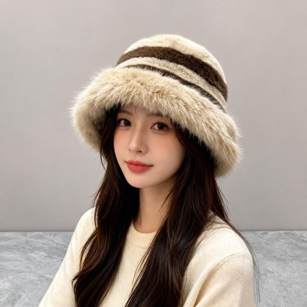 Striped Faux Fur Hat Thickened Winter Trapper Cap Ear Protection Bucket Beanie  Snow
