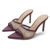 [Spot] Light luxury purple rhinestone mesh high-heeled tray, sexy one-pedal pointed-heeled mesh sandals