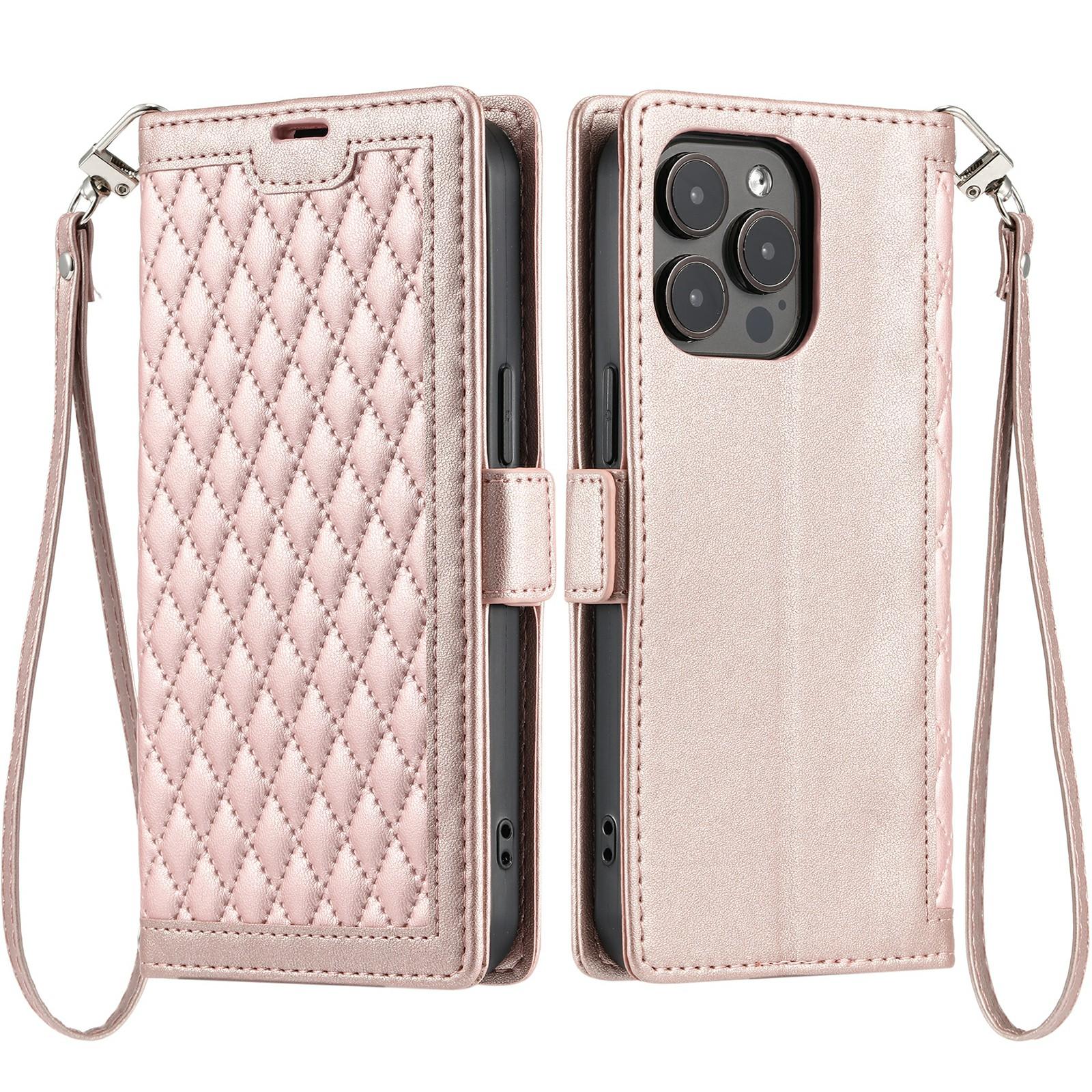 

For iPhone 13 Pro Max Leather Case Rhombus Texture Wallet Stand Phone Cover with Wrist Strap Rose Gold