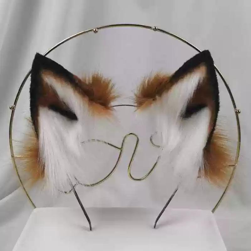 Handmade Faux Fur Fox Ears Headband Realistic Plush Fox Tail Cosplay Accessory for Lolita Halloween Party Photo Shooting