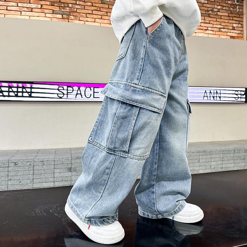 School Boys Casual Cargo Jeans with Pocket Preppy Loose Style Teenage Child Denim Pants High Fashion Kids Jeans Trousers