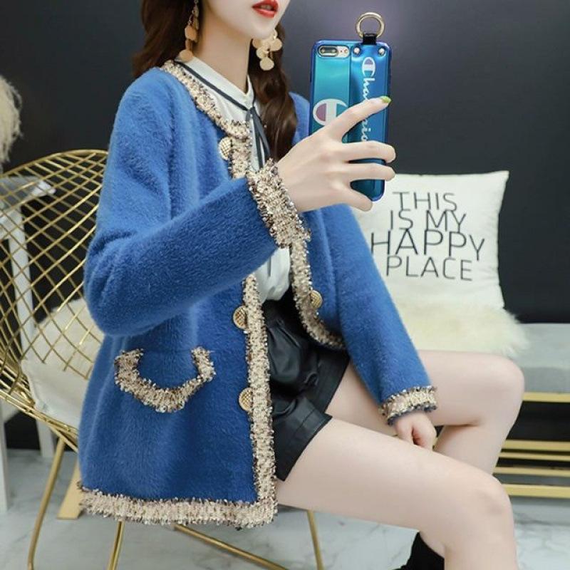 

Зимнее пальто женское норковый велюр кардиган новый свободный верхняя вязаная одежда черный 3XL синий