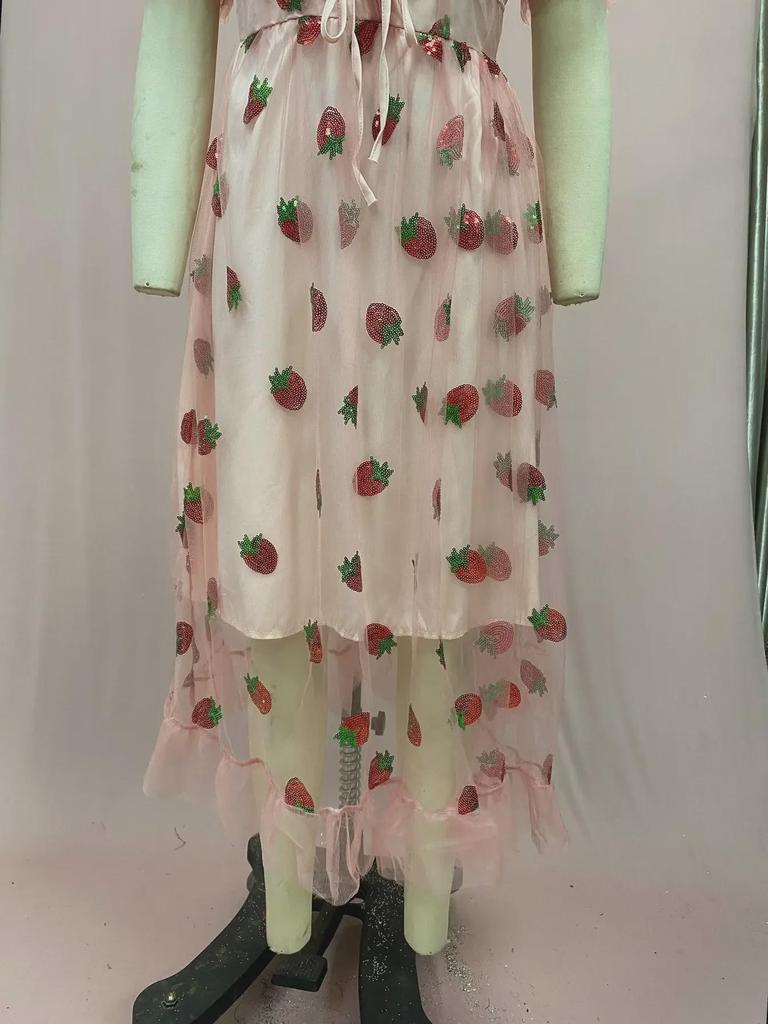 French Strawberry Sequin Pleated Dress with Mesh Straps - Summer Long Skirt, Two-Tone Design, 25 Options (LS8265)