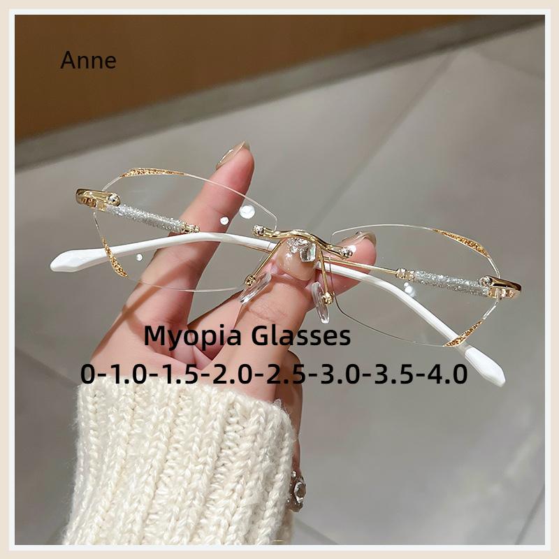 Women Ladies Rimless Minus Glasses Anti Blue Light Eye Protection Near Sight Glasses Ultra Light Eyeglasses Diopter 0 To -4.0