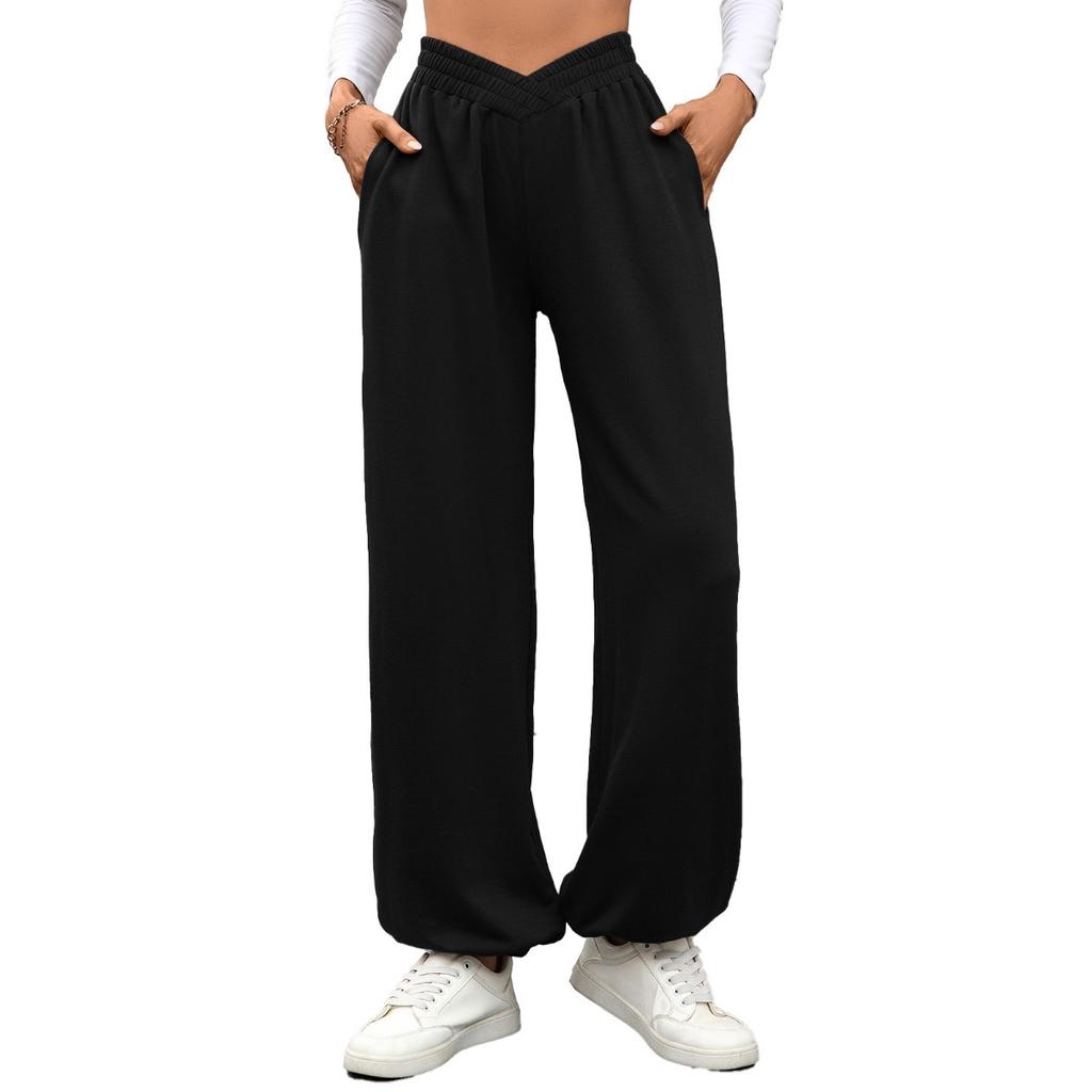 Fall Winter New Women's Elastic Waist Pockets Drawstring Cuffed Loose Casual Trousers