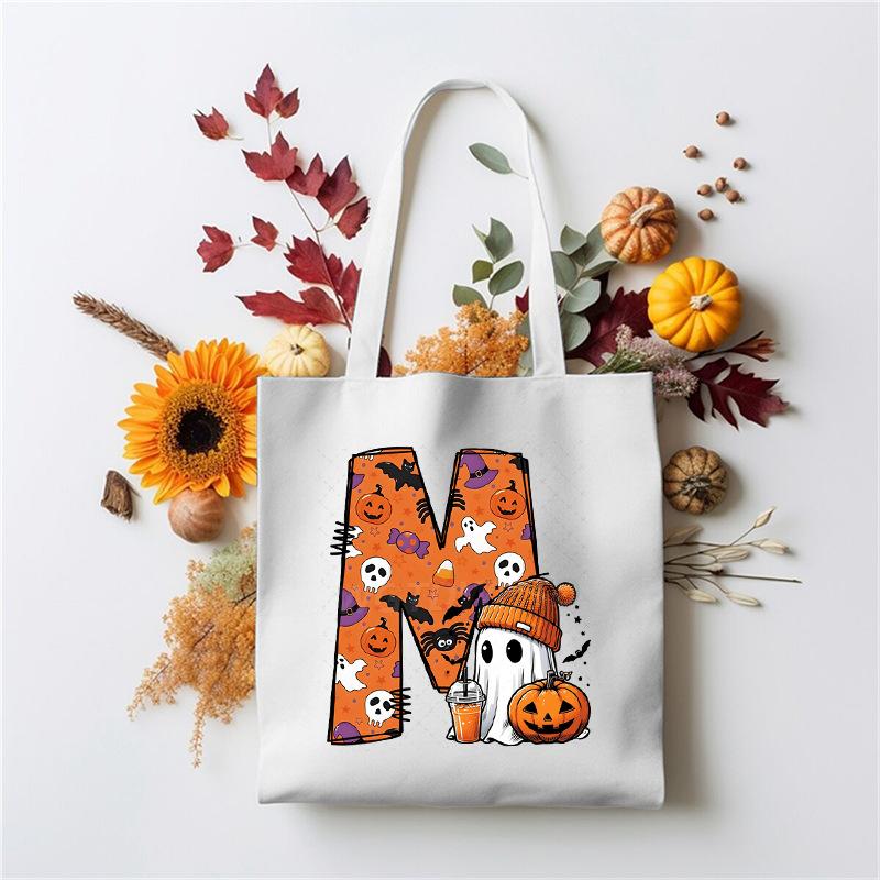 Halloween 26 Letter Cartoon Print Peripheral Student Tote Bag Large Capacity Canvas Bag