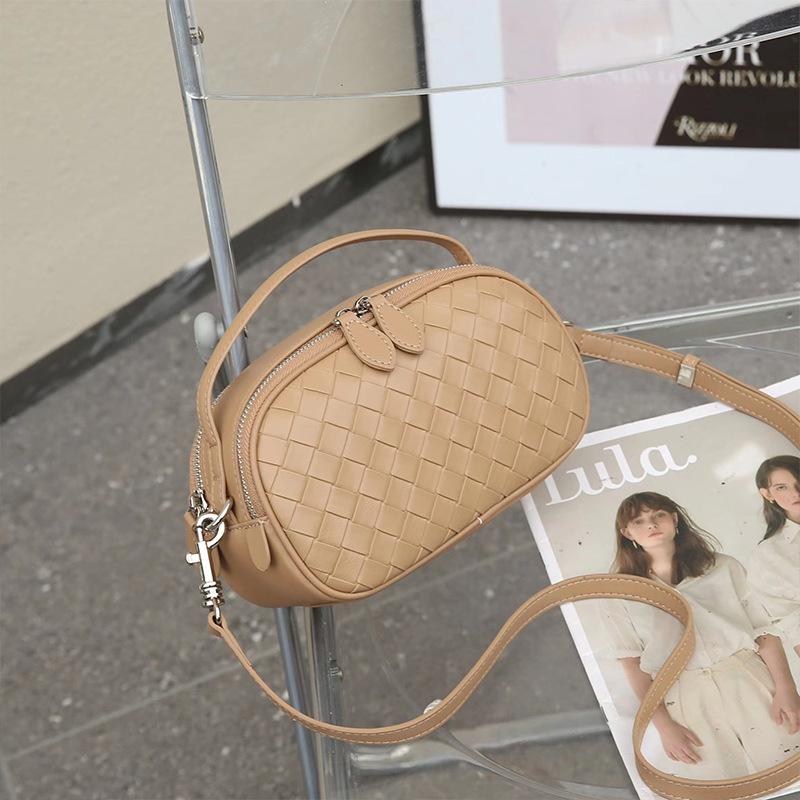 2025 Summer New Genuine Leather Handheld Small Square Bag Fashion Woven Double Zipper Single Shoulder Crossbody Small Bag Casual Women's Bag
