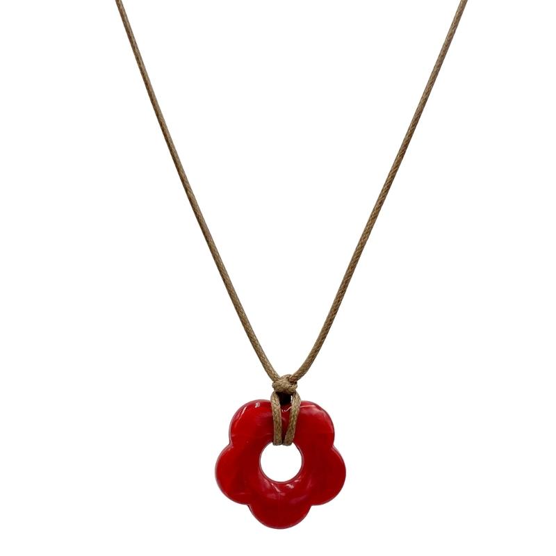 Fashion Red Acrylic Flower Pendant Necklace Hollow Flower Charm Clavicle Chain Fashion Jewelry Gift Women Girl Teen