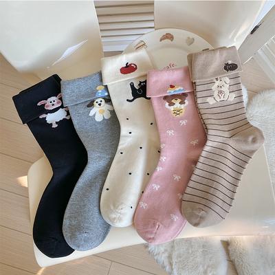 Women's Rolled-up Cartoon Mid-calf Socks, Pure Cotton Sweat-absorbing Long Calf Socks, Sweet and Cute Socks, Boneless Pile Socks
