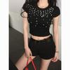 Damen Crew-Neck Strass T-Shirt Slim Fit Cropped Sommer Kurzarm Top