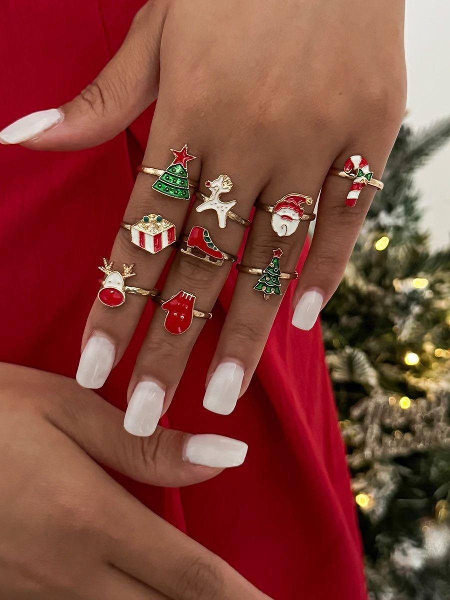 

Ingemark 9Pcs/Set Christmas Tree Elk Santa Claus Rings Set for Women Vintage Gold Color Rings 2026 Christmas Couple New Jewelry
