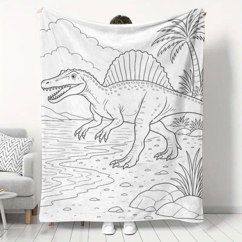 1pc Spinosaurus Line Art Coloring Style Dinosaur Pattern Flannel Blanket, Room Decor Nap Blanket, Portable Small Blanket for Napping, Living Room Sofa