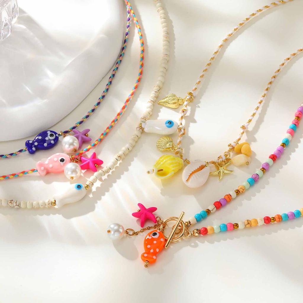Colorful Boho Ceramic Fish Pendant Necklace for Women, Adjustable Woven Rope Choker Beaded Necklace, Summer Beach Party Jewelry