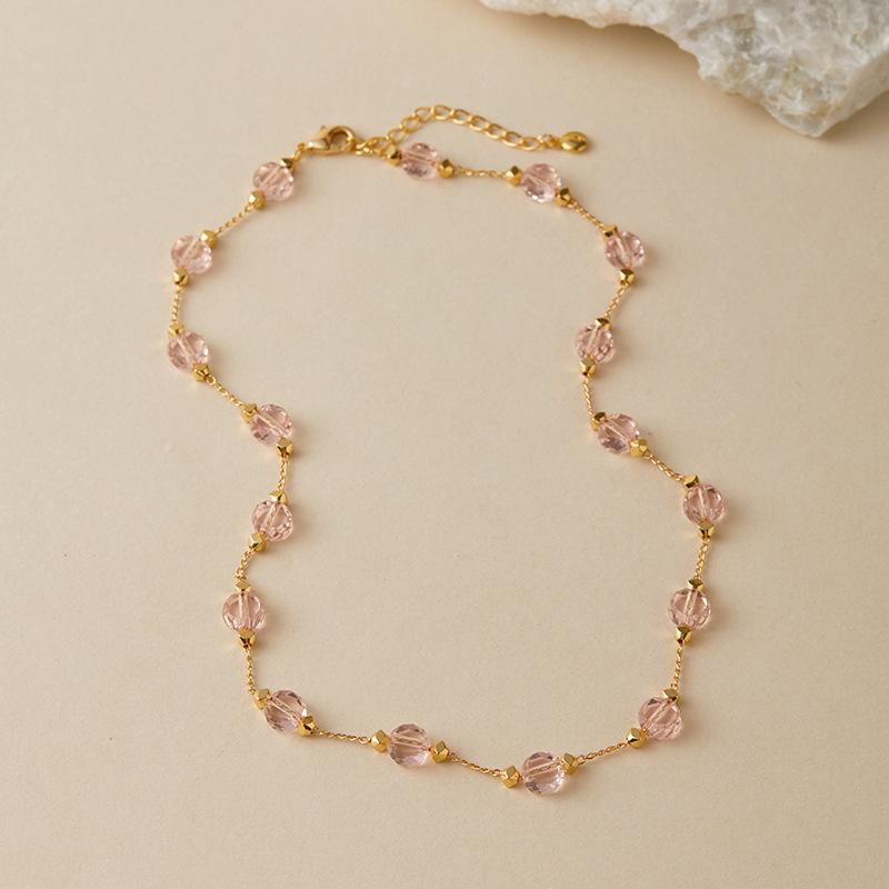 Cadena de Collar de Cuentas de Cristal Transparente Facetado Chapado en Oro Con Extensión