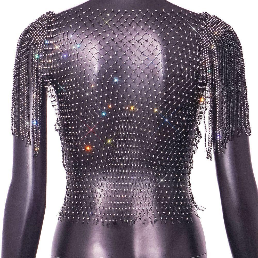 Rhinestone Rhinestone Fishnet Tops with Tassel Shawl See Through T Shirt with Tassel Shawl  Women