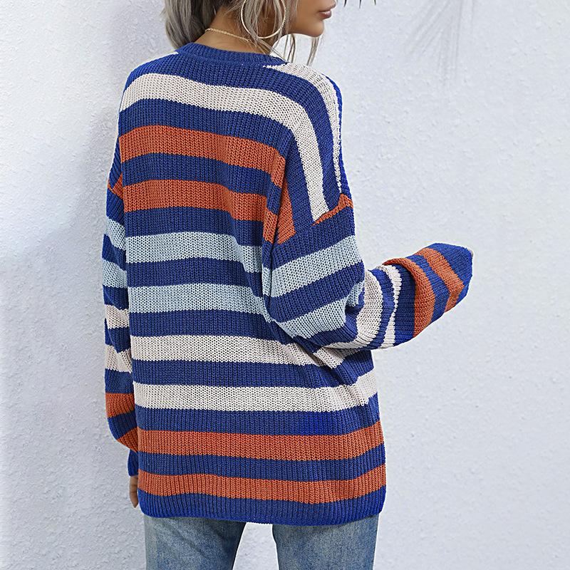 Pull d'Automne et d'Hiver Mi-long Ample Rayé Col Rond Manches Longues de Fond pour Femmes