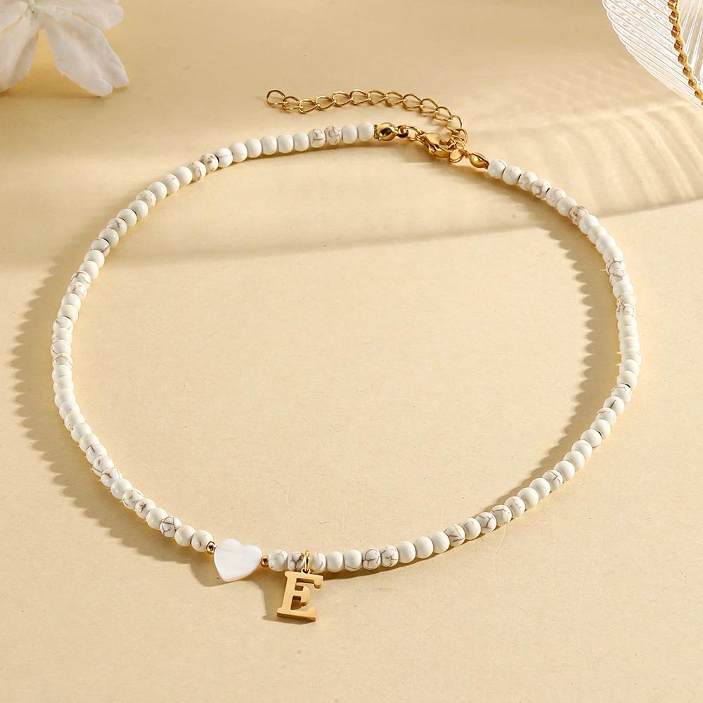 Bohemian Choker neck Initial necklaces heart-shaped shell letter pendant beads Women's stainless steel necklace woman trend2025