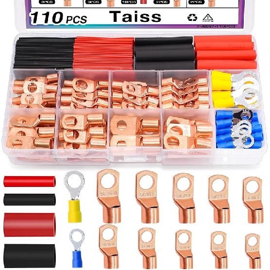 Taiss 110PCS Copper Wire Lugs,Battery Lugs AWG 2/4/6/8/10/12/14/16 Gauge Copper Lugs Assortment,Battery Cable Ends Copper Ring Terminals Connectors