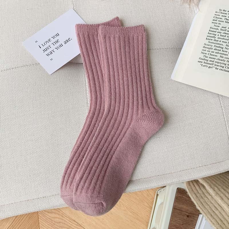 Women's Japanese Style Wool Socks, Thick Mid-Calf, Solid Color, Versatile, Warm for Autumn & Winter