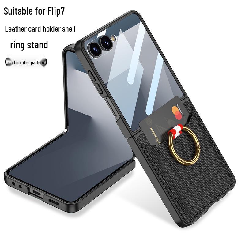 Samsung Z Flip7 Ultra-Thin Leather Case: Full Coverage, Card Holder, Ring, Anti-Drop Protection
