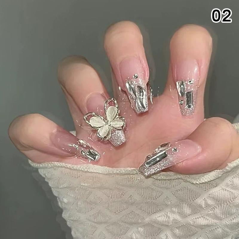 24Pcs Simple Fake Nail With Jelly Glue Butterfly Design Pink White Gradient French Press On False Nails Full Cover Nail Tips