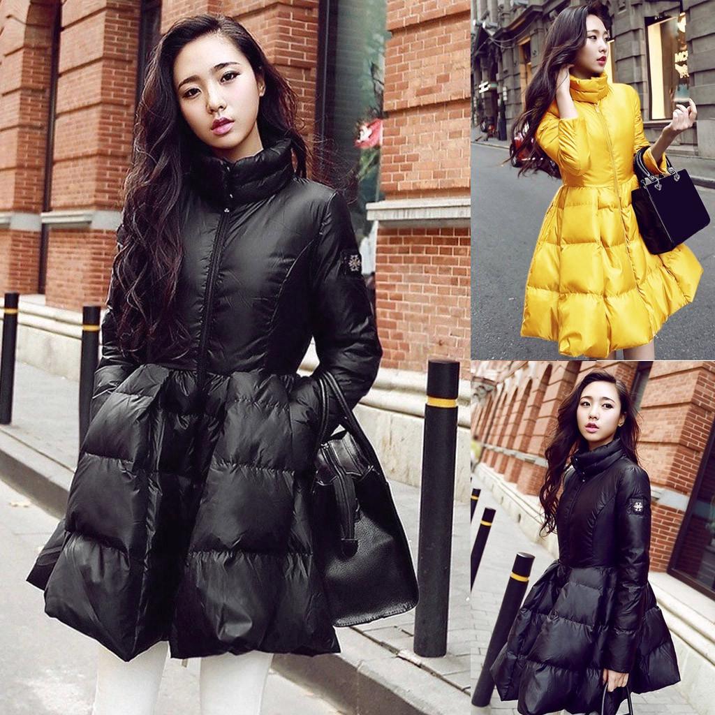 Women Winter Solid Color Down Jackets Warm Long Slim Female Big Swing Coat
