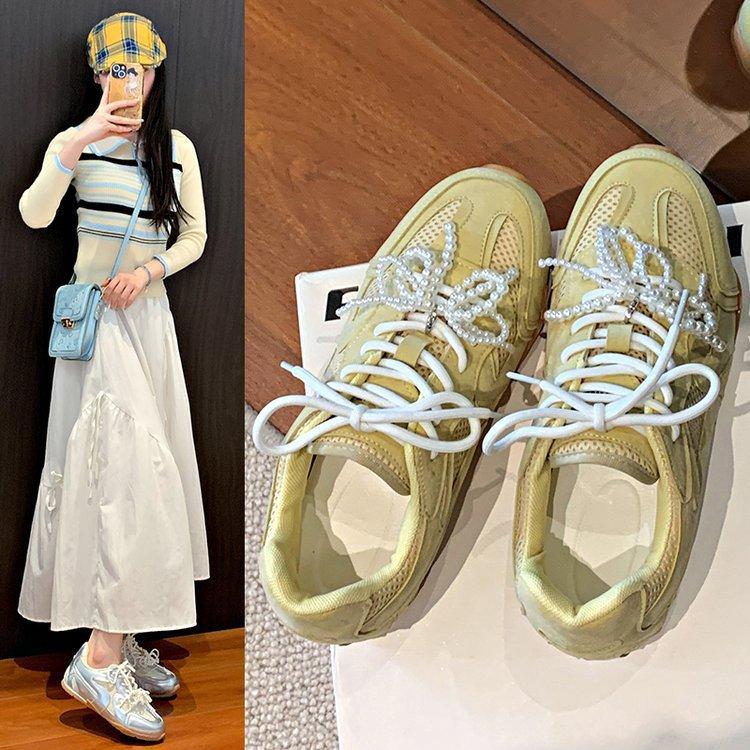 Platform soled German training shoes women's pearl shoelaces silver ballet style 2025 new spring casual Forrest Gump sports shoes