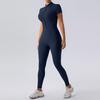 European & American Nude Feel Short Sleeve Yoga Jumpsuit - Women's Fitness Bodysuit with Zipper & Long Pants