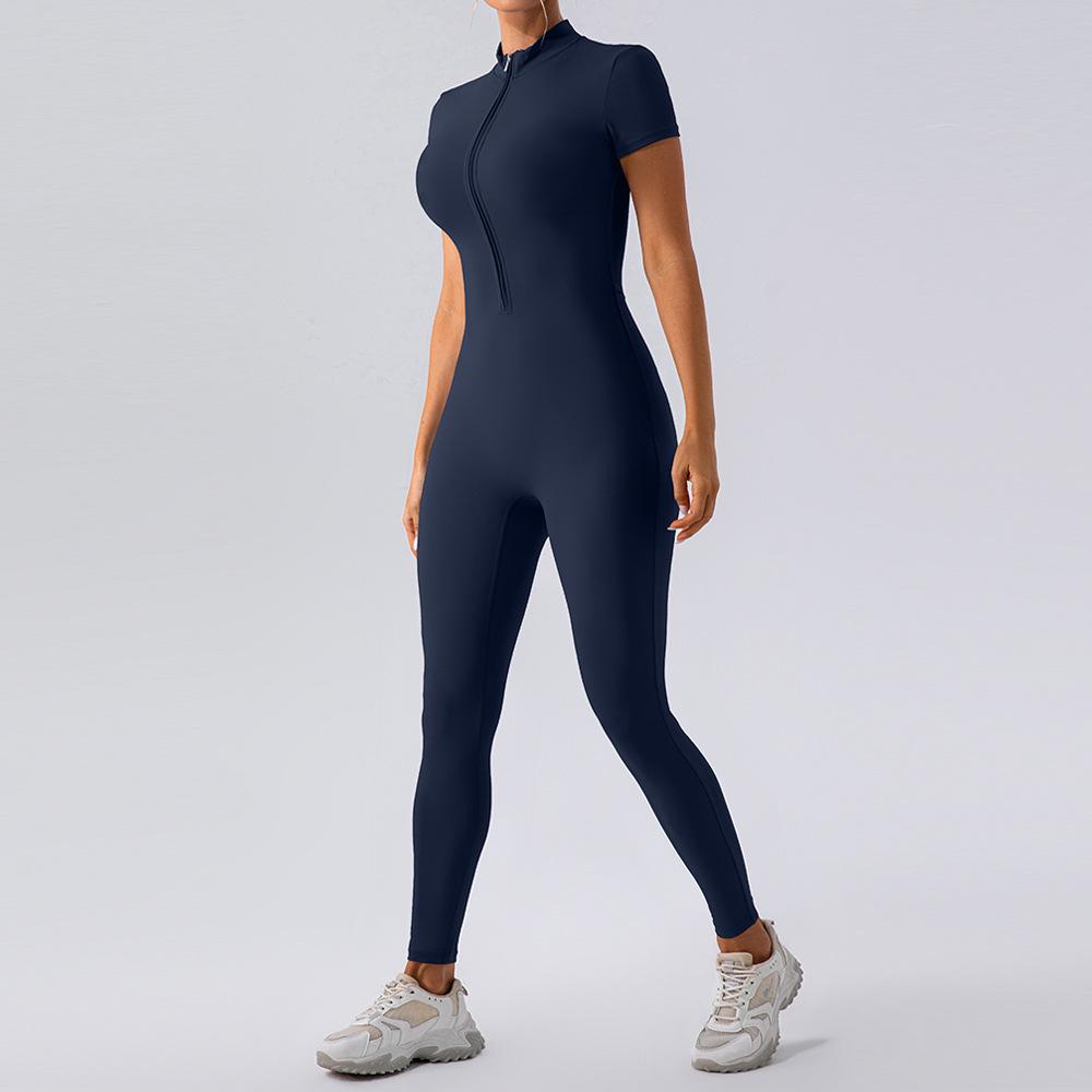 European & American Nude Feel Short Sleeve Yoga Jumpsuit - Women's Fitness Bodysuit with Zipper & Long Pants