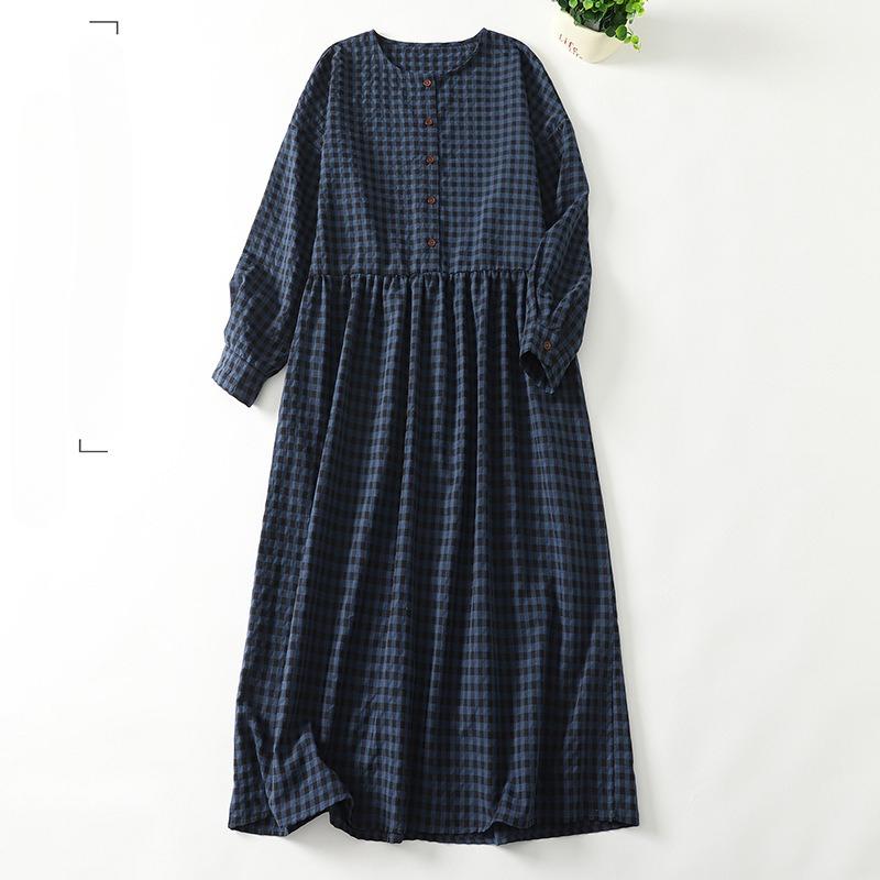 Spring and Summer Women's Checkered Long Sleeved Loose Casual Long Dress