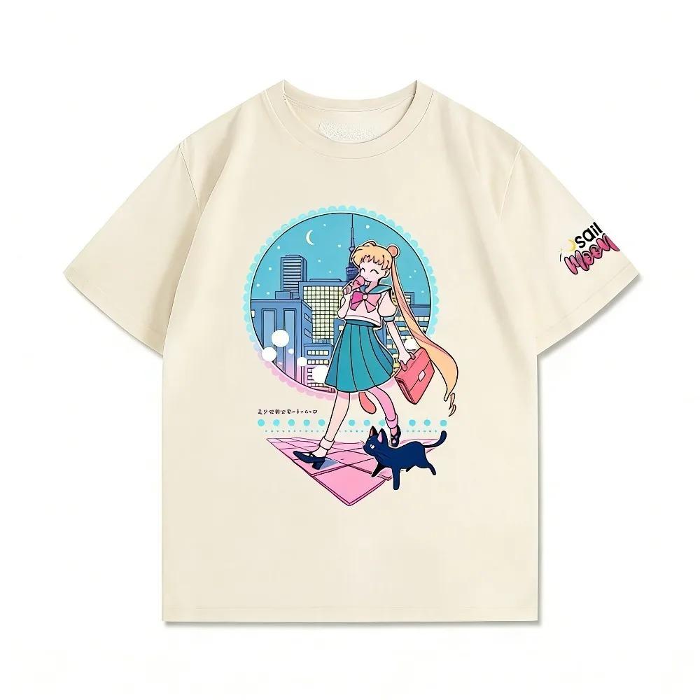 Camiseta Estampa Cena Noturna da Cidade Sailor Moon Tsukino Usagi & Gato Luna | Algodão Casual Unissex Manga Curta Anime Streetwear Top