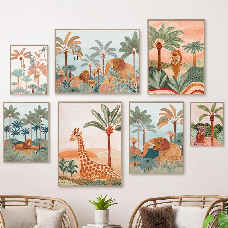Boho Dschungeltiere Tiger Affe Giraffe Kokospalme Poster Kinderzimmer Leinwandgemälde Wandkunst Druck Bild Baby Kinderzimmer Dekor