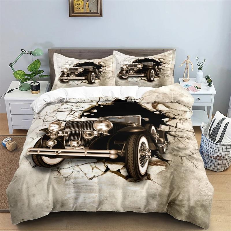 3D Car King Queen Duvet Cover Vintage Lightweight Train Bedding Set for Teens Adult Racing Supercar 2/3pcs Polyester Quilt Cover