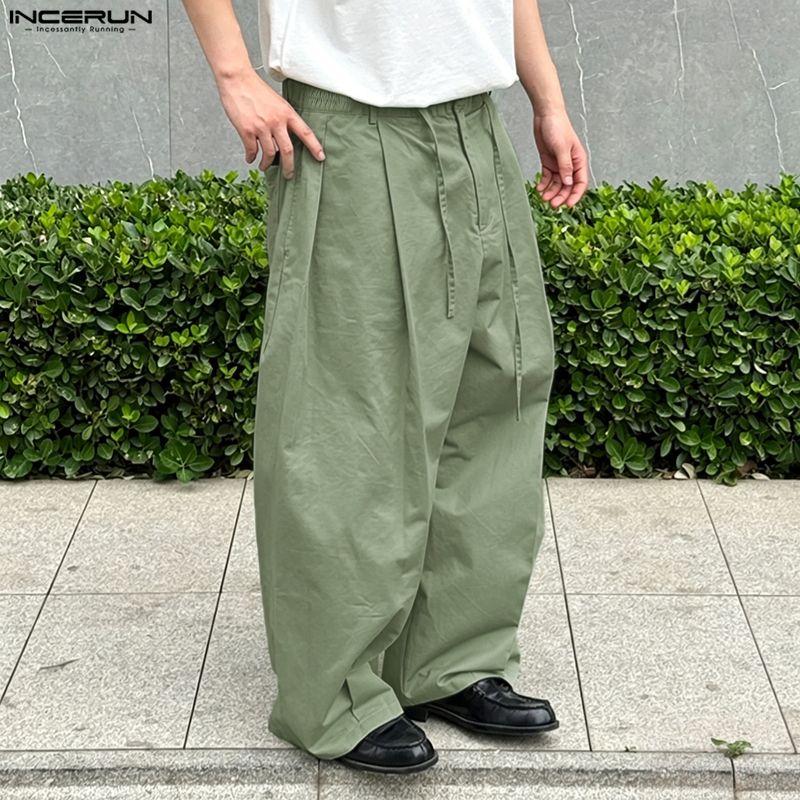 INCERUN Pantaloni Larghi Casual da Uomo a Vita Elastica con Pieghe Lunghi e Ampi