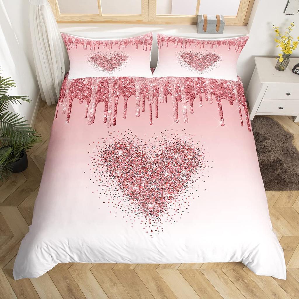 Colorful Love Heart Comforter Cover Queen Pink Black Bedding Set Romantic Duvet Cover Valentine's Day Quilt Cover with Zipper