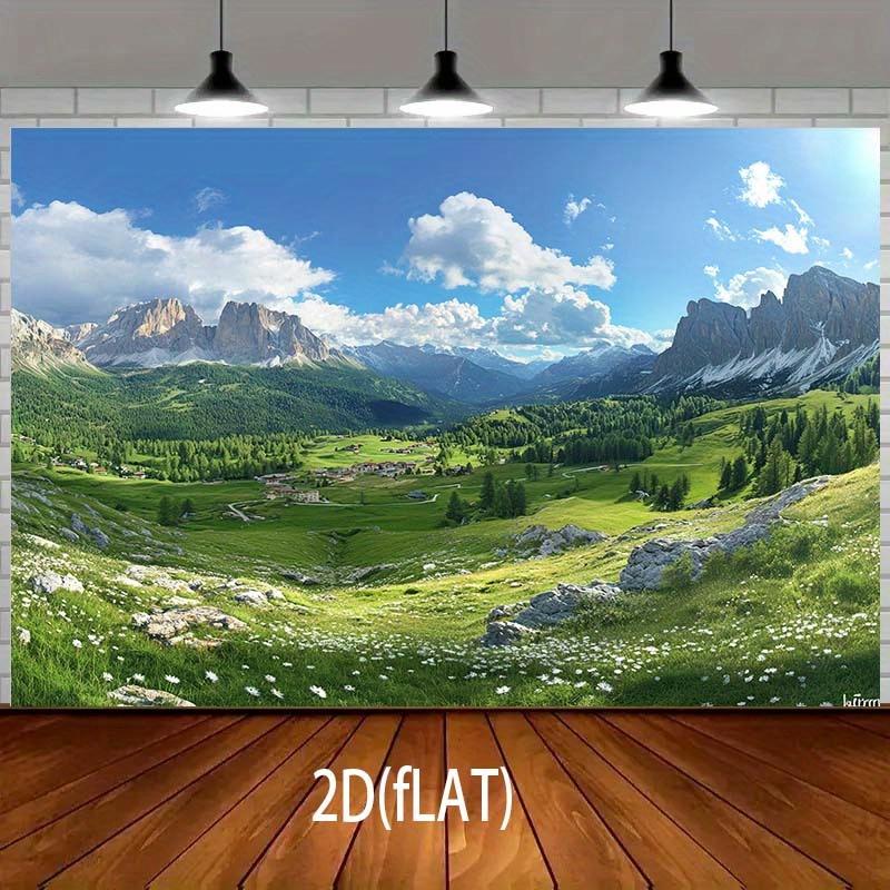 1pc 2D mountain background with rolling hills  green grasslands  and majestic peaks  featuring wall art