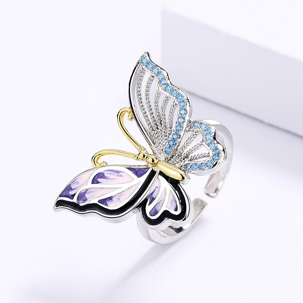925  Retro Palace Gold Oil Painting Butterfly Epoxy Ring Necklace Set Ladies Exquisite Bow Jewelry Party Birthday Gift