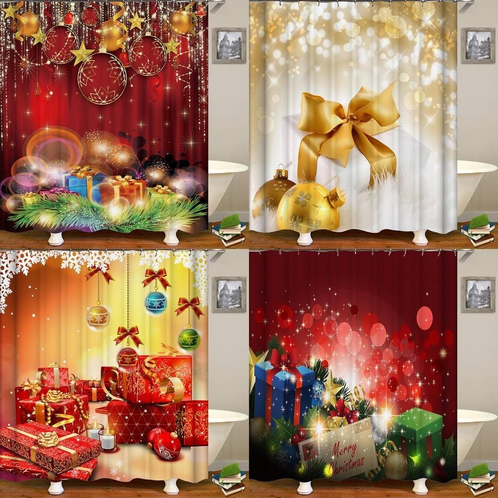 Festive Christmas Gift Boxes In Snow Shower Curtain Waterproof Fabric With Hooks