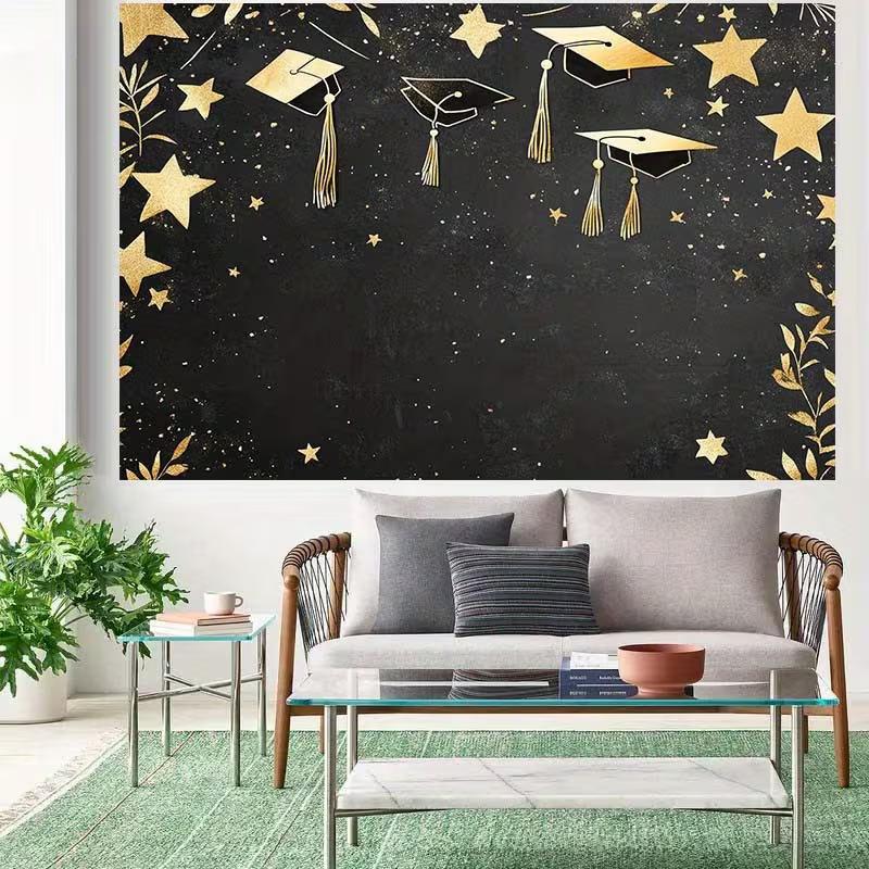 2D Flat Printing Black Gold Graduation Background Cloth for 2026 Graduation Ceremony Photoshoot