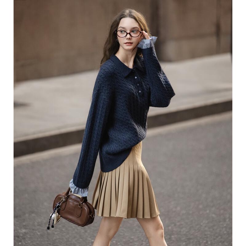 TonLion Women's Faux Two-Piece Polo Neck Cable Knit Sweater