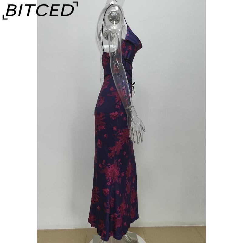 BITCED Spring Women's Fashion: Sensual Printed Strappy Waist-cinching Bodycon Maxi Halter Neck Dress