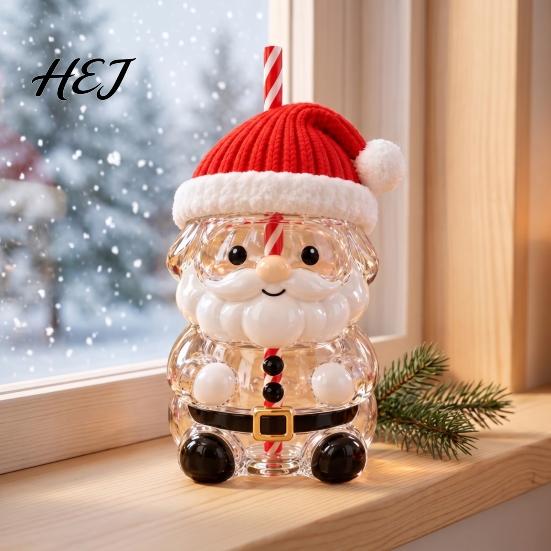 Lead Free Glass Cup Christmas Santa Straw Cup, High Borosilicate Tumbler, Durable Portable for Outdoor Reusable Drinking Cold Beverages And