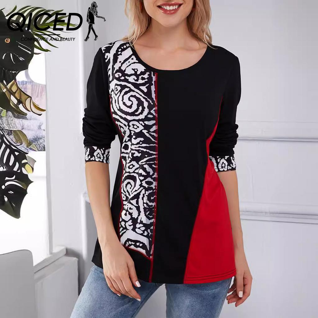 QICED Spring Autumn Women's Positioning Printed O-Neck Long Sleeve