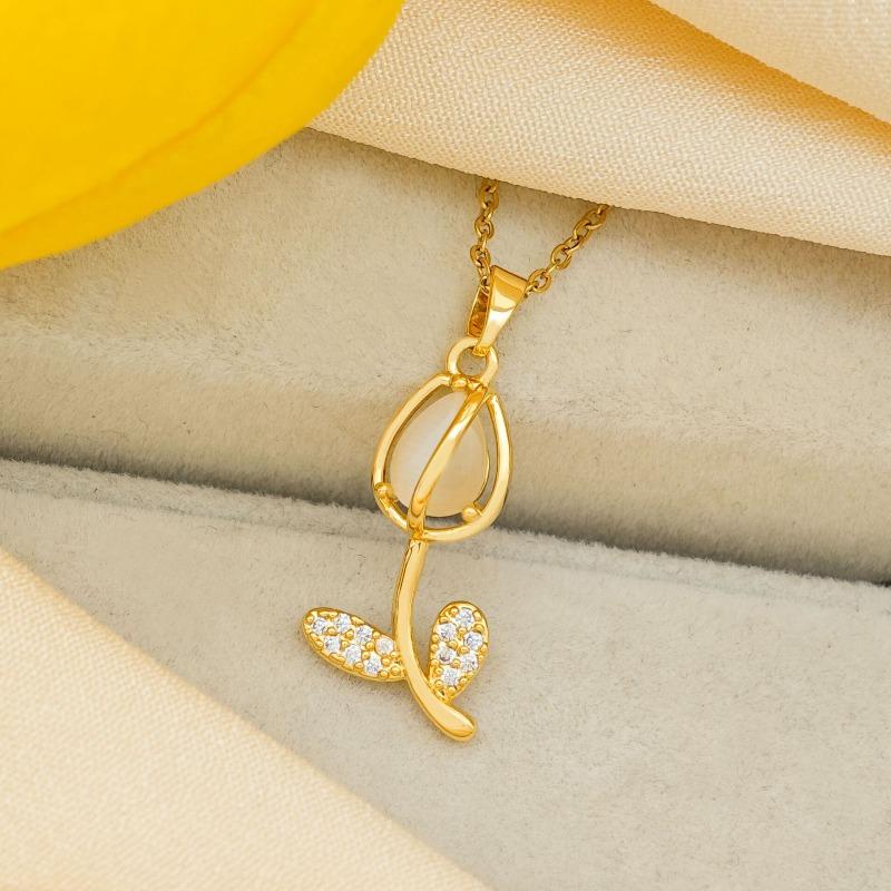Necklace - Cat's Eye Quartz Tulip Necklace - Unique Design - Versatile and Sophisticated - Suitable for All Seasons - Autumn/Winter