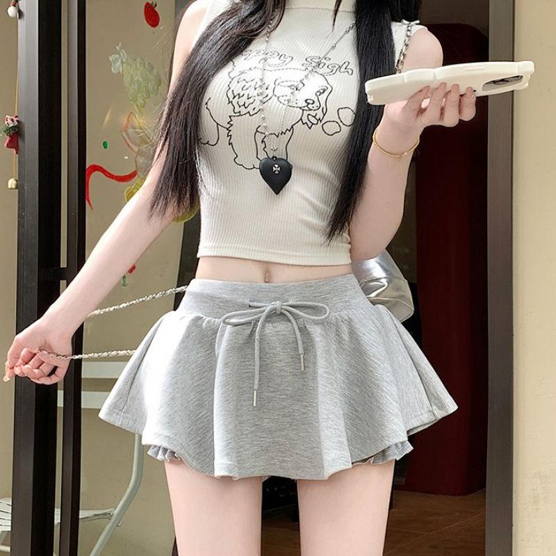 Ballet Style Gray Drawstring Skirt Spice Girl Thin a Word Elastic Waist Fluffy Versatile Skirt