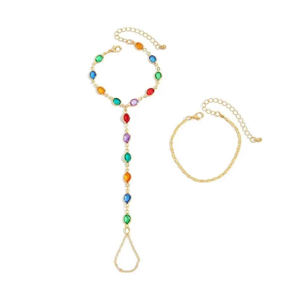 SHIXIN 2Pcs/Set Exquisite Colorful Crystal Chain Bracelets for Women Trendy Charm Finger Bracelet Chain Ladies Aesthetic Jewelry