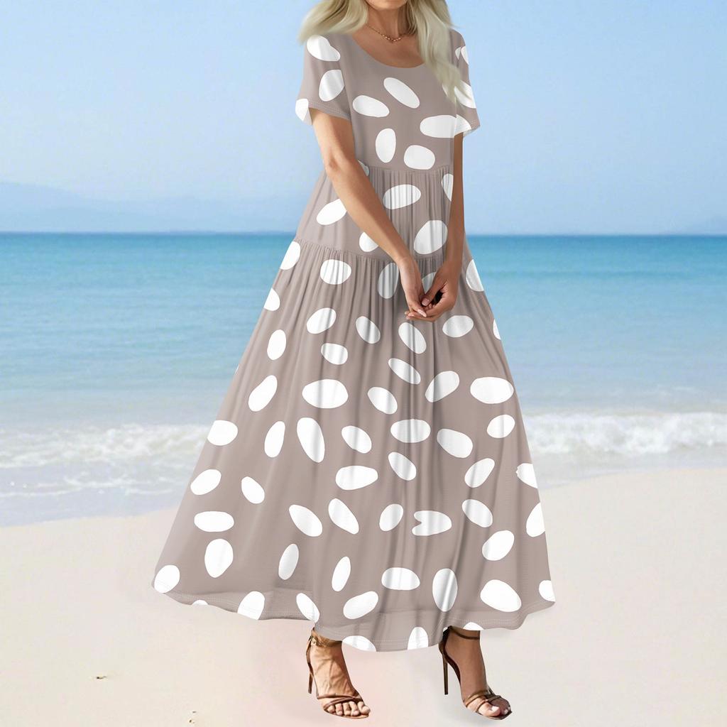 Damen Sommer Casual Blumendruck Kurzarm O-Ausschnitt Hohe Taille A-Linie Stufen Fließendes Boho Maxikleid