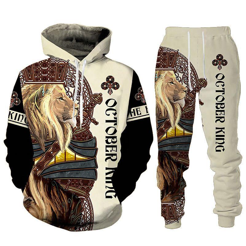 Autumn Winter Men King Lion Hoodie Set Fashion Clothing Male Hooded Coat Vintage Pullover Tracksuit Casual Stylish Streetwear