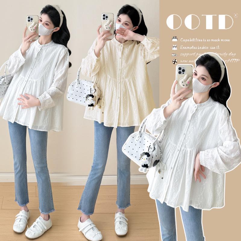 2026 Spring Embroidered Patchwork Maternity Long-Sleeve Shirt Large