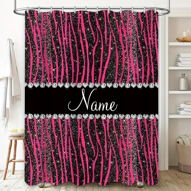 Shower Curtain With Black Pink White Stripes Glitter Rhinestones For Bathroom Decor Customizable Name 36X72 Inch